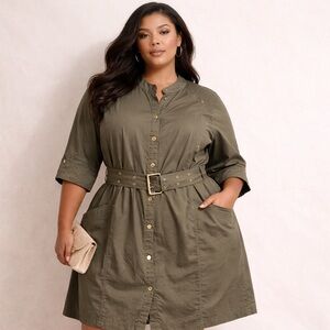 Jessica Biffi Olive Utility Shirt Dress Belted Safari Military Size 24 Plus